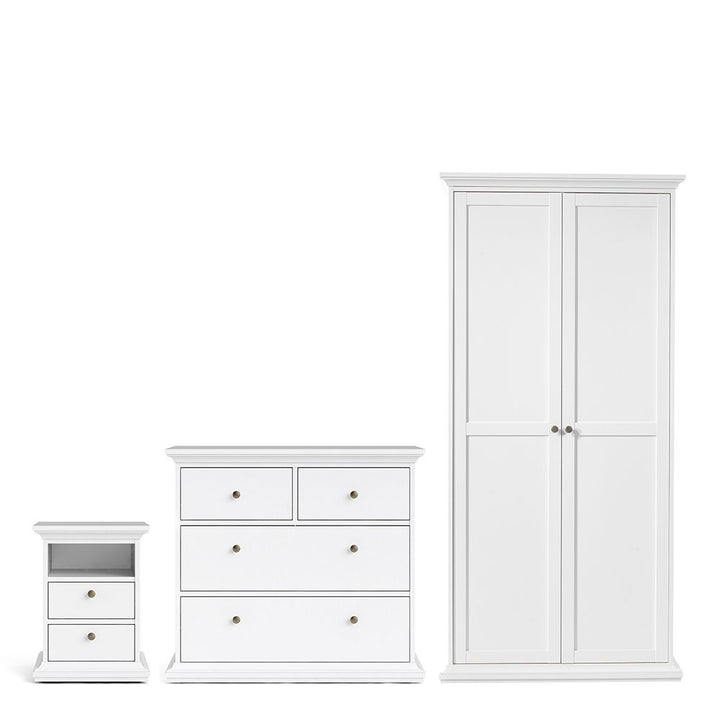 Paris Package - Bedside 2 Drawers in + Chest of 4 Drawers + Wardrobe with 2 Doors White