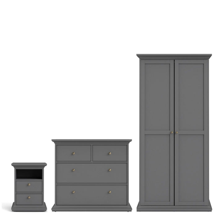 Paris Package - Bedside 2 Drawers in + Chest of 4 Drawers + Wardrobe with 2 Doors Matt Grey