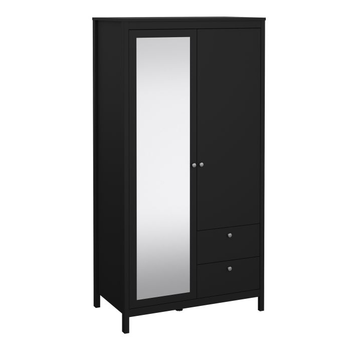 Madrid Wardrobe with 1 Door 1 Mirror Door 2 Drawers Matt Black