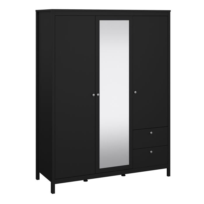 Madrid Wardrobe with 2 Doors 1 Mirror Door 2 Drawers Matt Black