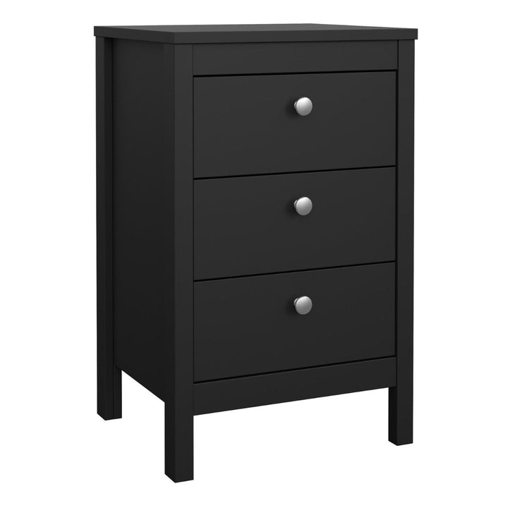 Black 3 Drawer Bedside Table – Modern Bedroom Storage Unit with Metal Handles