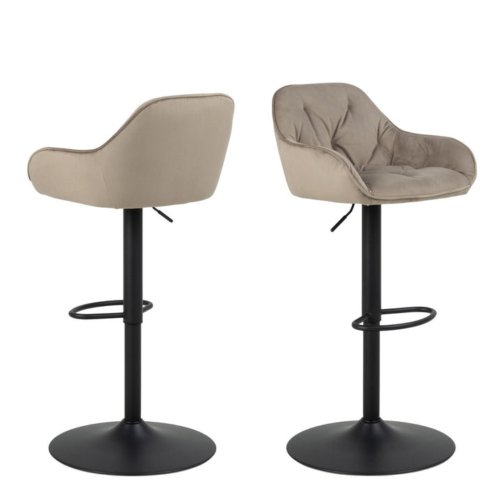 Set of 2 Beige Velvet Bar Stools – Height Adjustable with Black Steel Base
