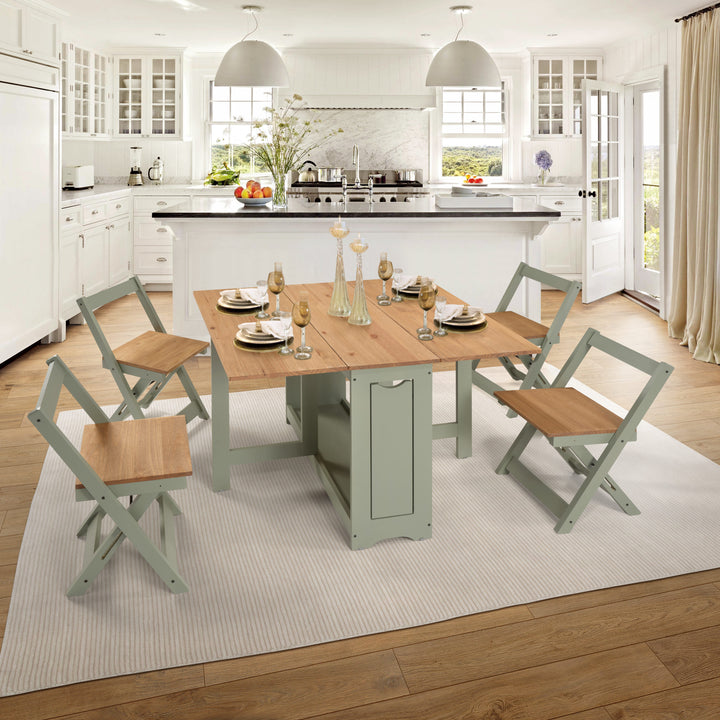 Compact Folding Dining Table Set Green Distressed Pine with 4 Chairs Storage