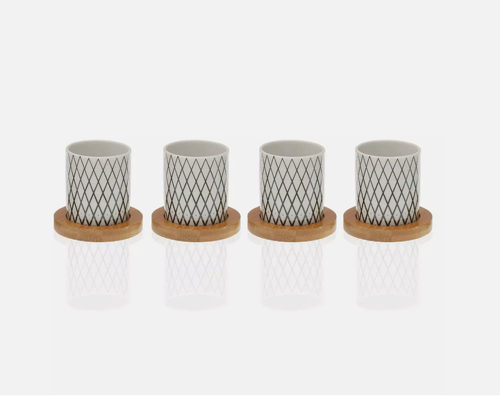 4 patterned porcelain espresso coffee cups mugs beakers bamboo base mug cup
