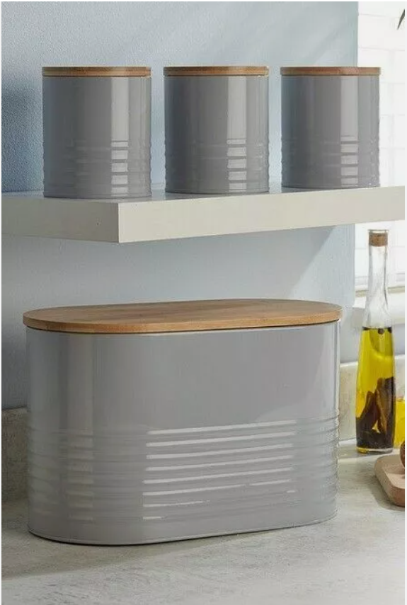 4 Piece Grey ribbed Kitchen neutral Storage Set Tea Coffee Canisters Bread Bin