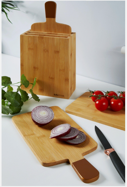 Salter Set of 3 Paddle Bamboo & Gold Chopping Boards With Stand Kitchen Utensi