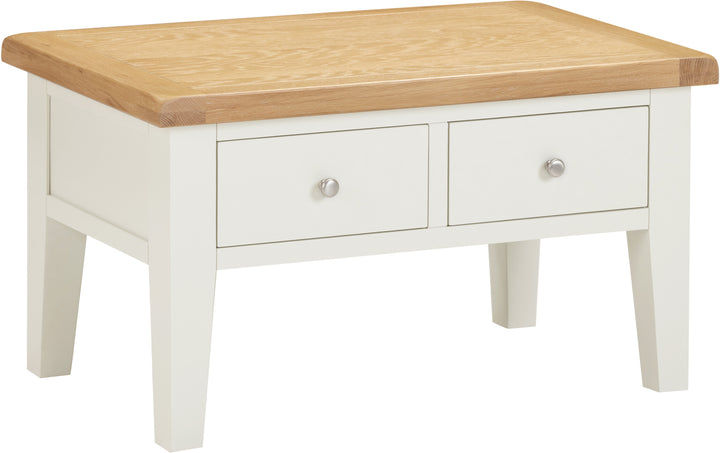 Coffee Table Oak Top Ivory Painted Frame with Storage Drawer Living Room
