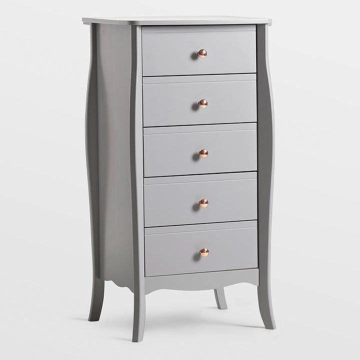 Baroque 5 Draw Narrow Folkestone Grey with Rose Gold Colour Handles.